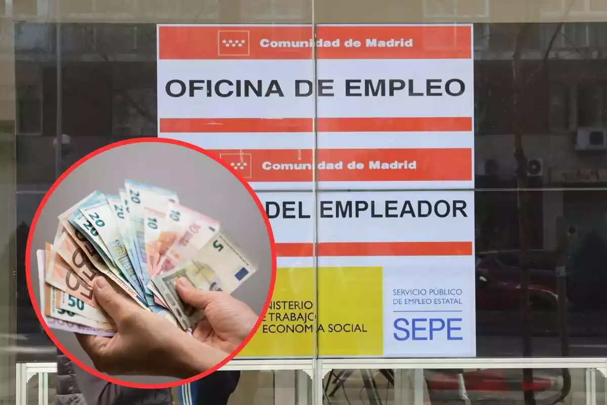 Muntatge amb oficina del SEPE i cercle vermell amb mans sostenint bitllets d'euro