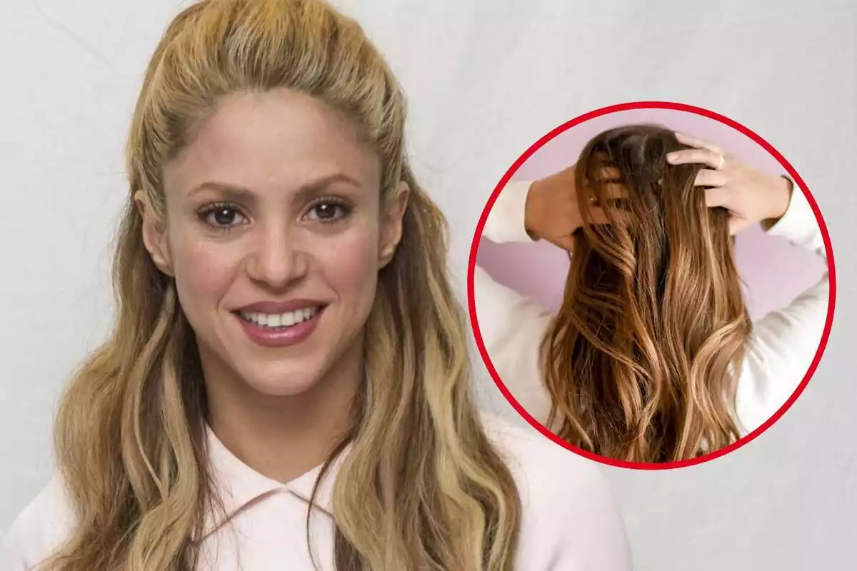 Muntatge amb foto de Shakira i cercle vermell amb noia amb cabells llargs
