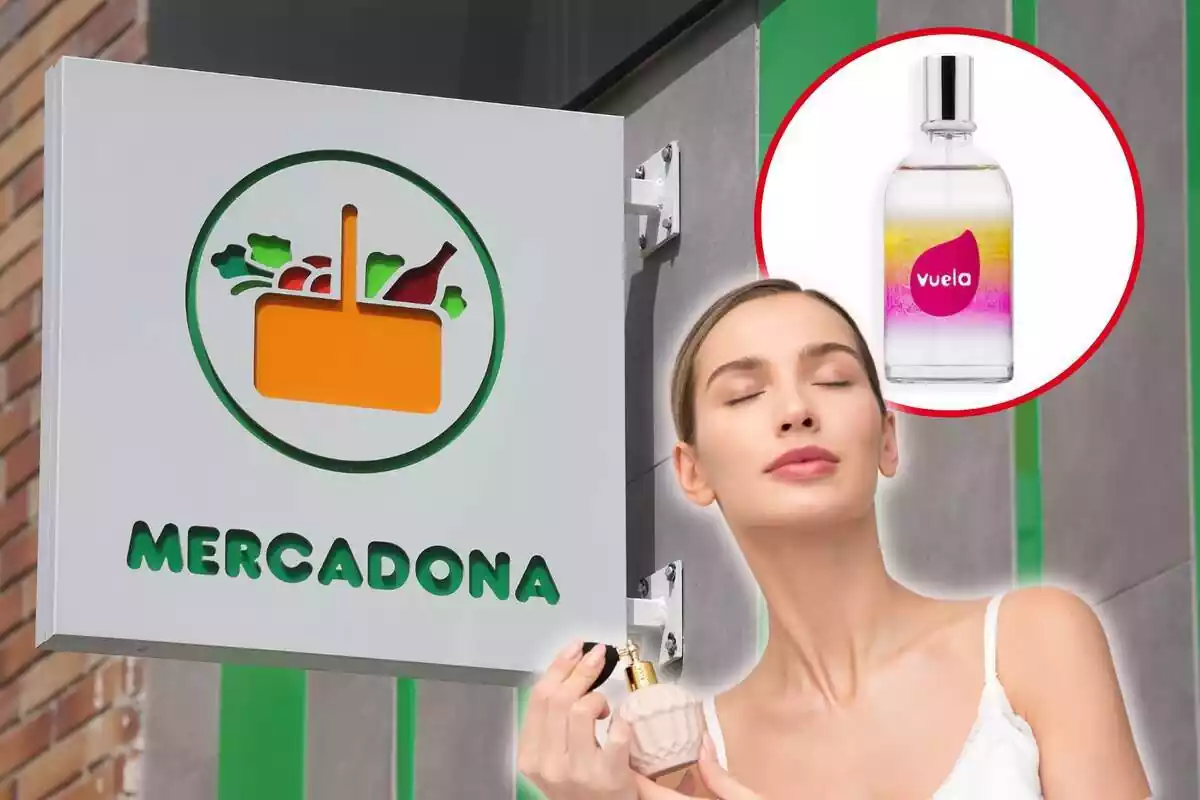 Dona perfumant-se amb una imatge de fons del supermercat Mercadona i una imatge destacada del perfum "Vuela"