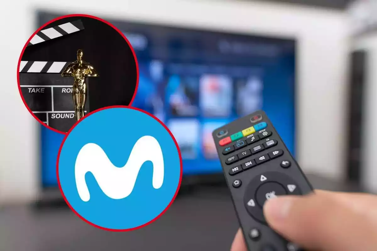 Muntatge amb persona amb comandament de la TV i TV encesa, i cercle vermell amb premi Oscar i un altre amb el logo de Movistar