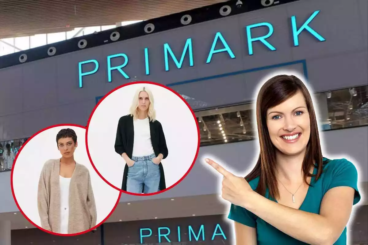 Dona assenyalant dues fotografies destacades de dues dones amb el nou càrdigan de Primark amb una imatge de fons de l'establiment