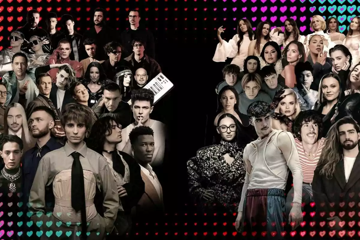 Un collage de diverses persones posant en un fons negre amb cors de colors a les vores a 'Eurovisió'.