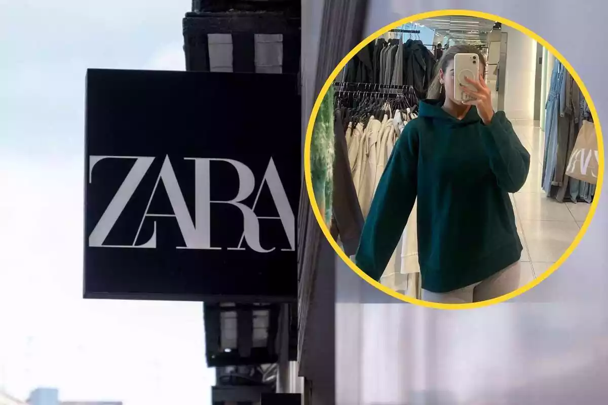 Muntatge amb logo de Zara i cercle amb una persona amb dessuadora verda de Zara