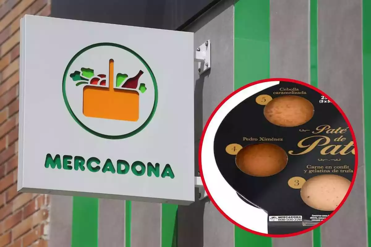 Muntatge amb cartell de Mercadona i cercle vermell amb safata d'assortiment de paté d'ànec