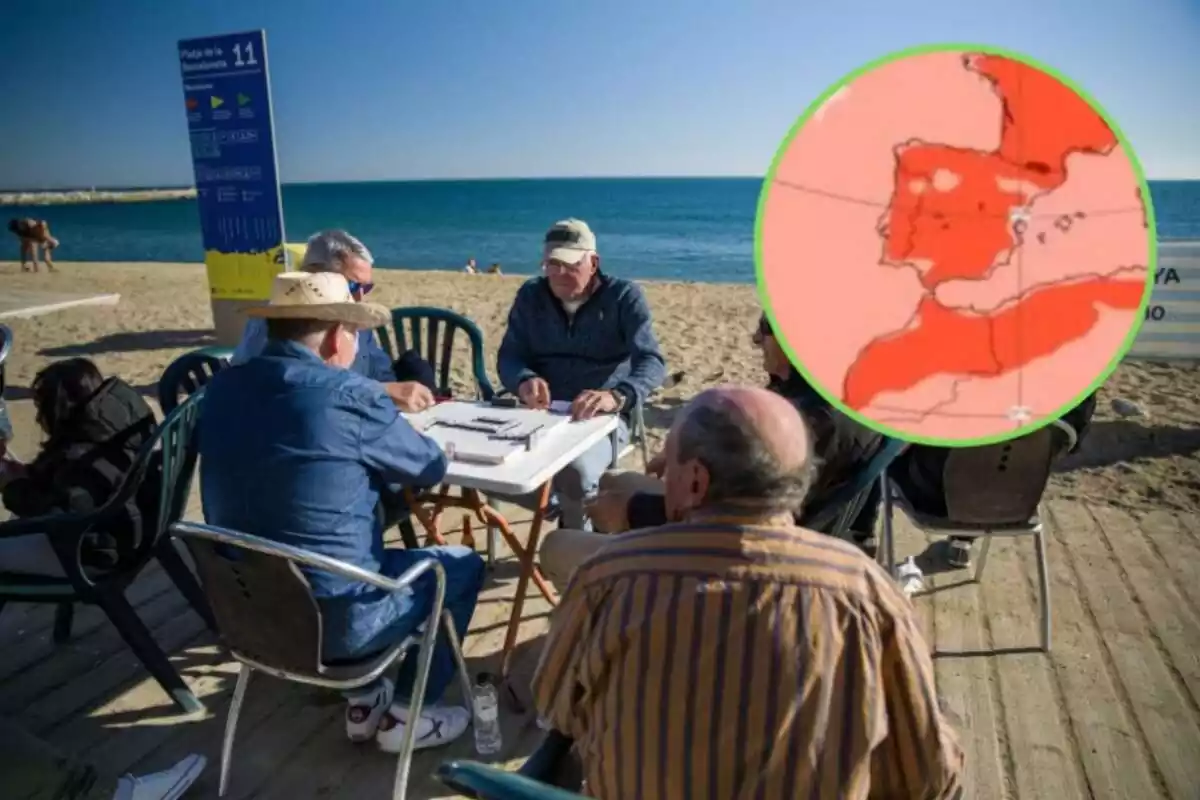 Muntatge amb homes asseguts jugant a joc de taula i cercle verd amb el mapa d'Espanya i la previsió de les temperatures
