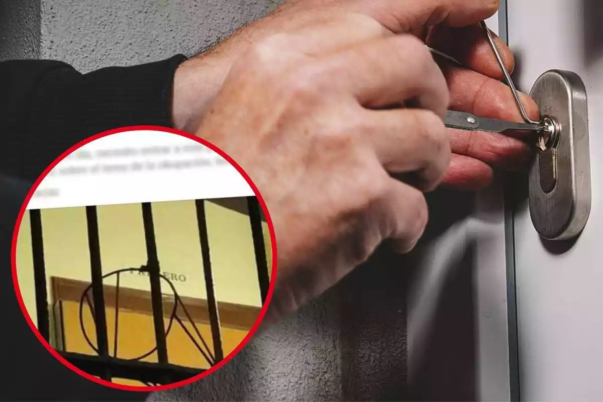 Imatge de fons d´una persona forçant una porta i una altra imatge d´un post a Facebook amb el text desenfocat i una imatge de la porta d´un pis