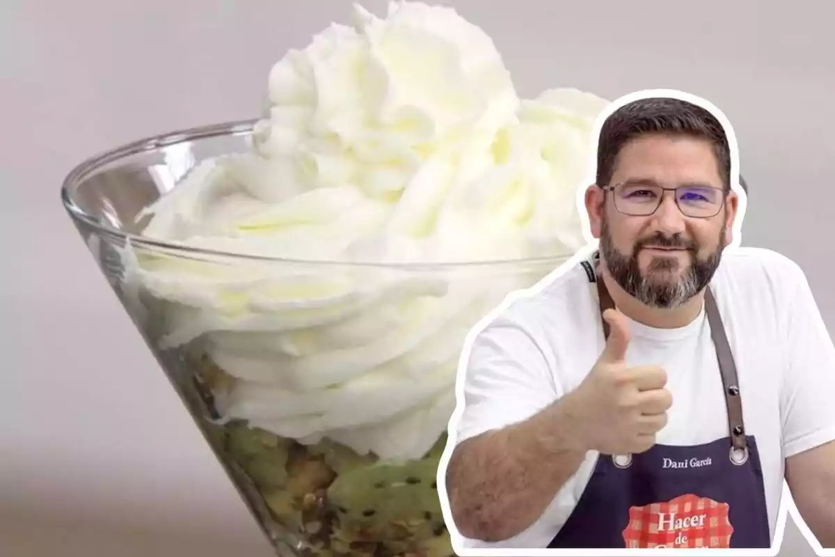 Muntatge amb mousse de iogurt i kiwi, amb una silueta del xef Dani García aixecant el polze