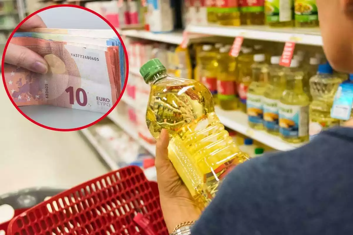 Imatge de fons d´una persona amb una ampolla d´oli a la mà en un supermercat i una altra imatge d´una mà amb diversos bitllets d´euro