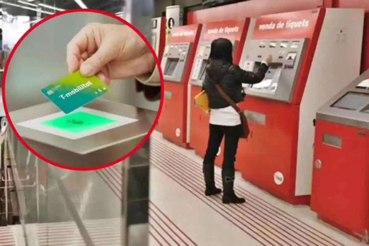 Una dona comprant un bitllet de metro a Barcelona amb una mà passant per la màquina el bitllet