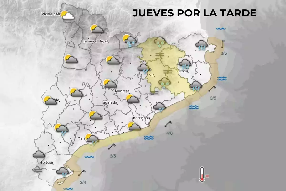 Mapa del tiempo para el jueves por la tarde en Cataluña mostrando nubes, lluvias y algunas áreas con nieve. Mapa del tiempo para el jueves por la tarde en Cataluña mostrando nubes, lluvias y algunas áreas con nieve.