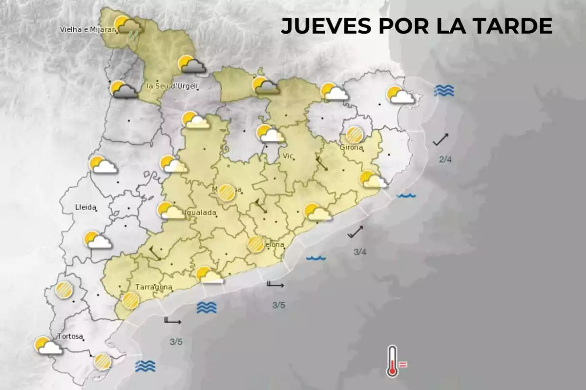 Mapa del tiempo para el jueves por la tarde en Cataluña, mostrando nubes y claros en varias regiones, con símbolos de sol y nubes dispersas, y algunas áreas con riesgo de lluvia. Mapa del tiempo para el jueves por la tarde en Cataluña, mostrando nubes y claros en varias regiones, con símbolos de sol y nubes dispersas, y algunas áreas con riesgo de lluvia.