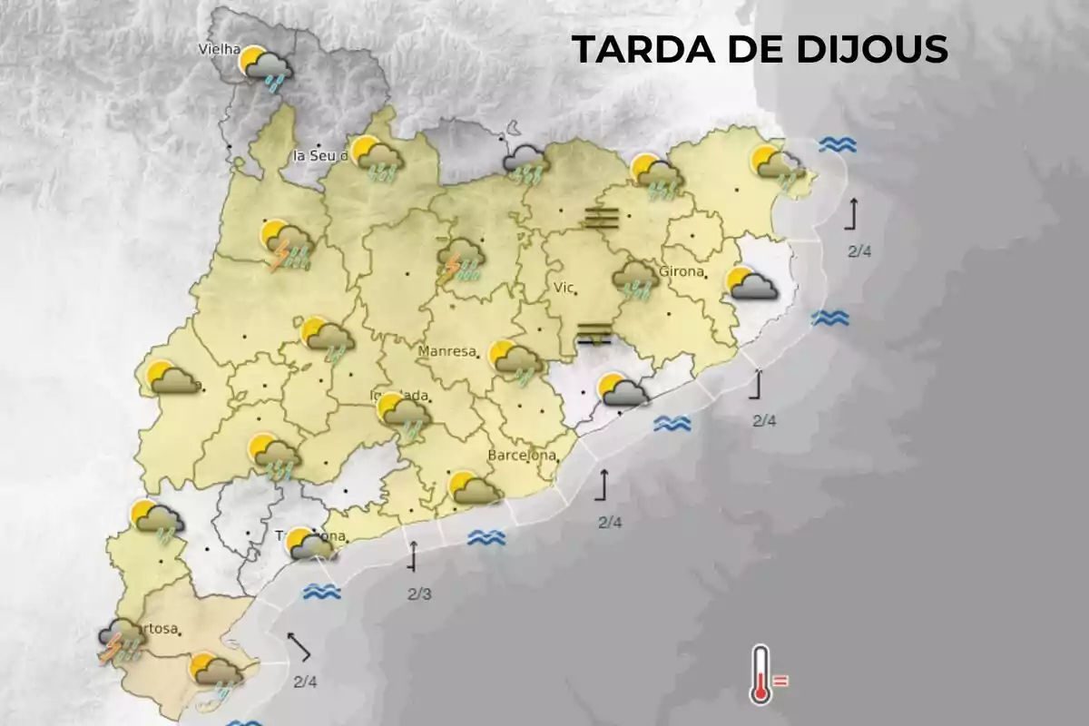 Mapa meteorològic de Catalunya per a la tarda de dijous mostrant núvols, pluges i tempestes en diverses regions. Mapa meteorològic de Catalunya per a la tarda de dijous mostrant núvols, pluges i tempestes en diverses regions.