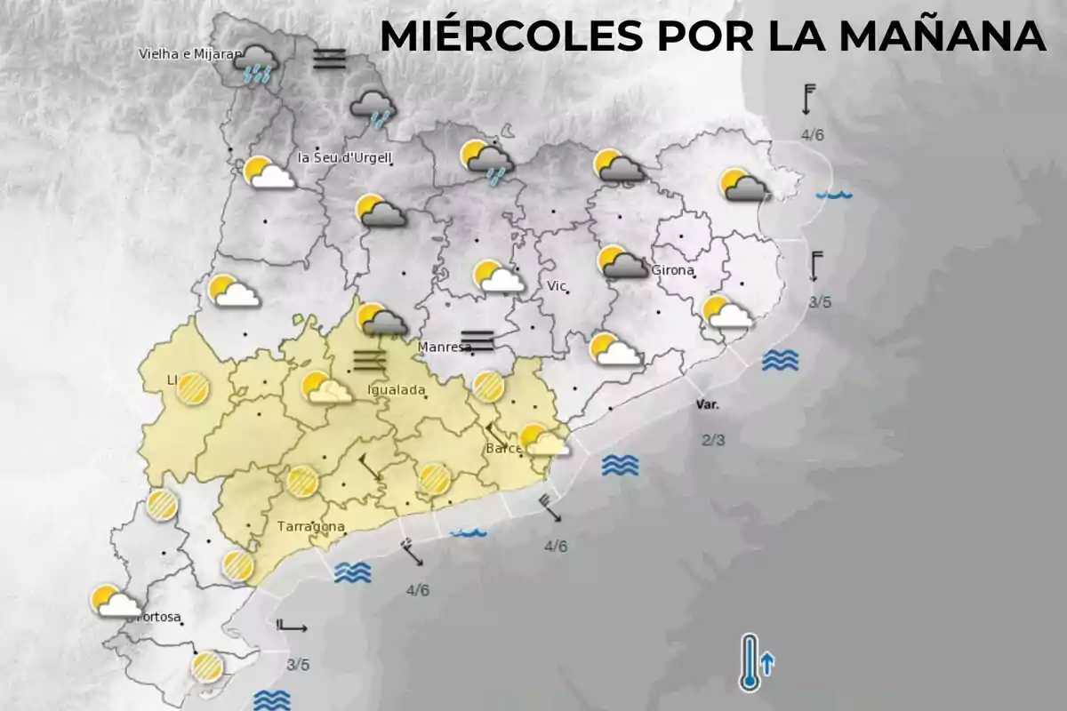 Mapa del tiempo para el miércoles por la mañana en Cataluña mostrando nubes y claros en la mayoría de las regiones con lluvias en el norte y viento en la costa. Mapa del tiempo para el miércoles por la mañana en Cataluña mostrando nubes y claros en la mayoría de las regiones con lluvias en el norte y viento en la costa.