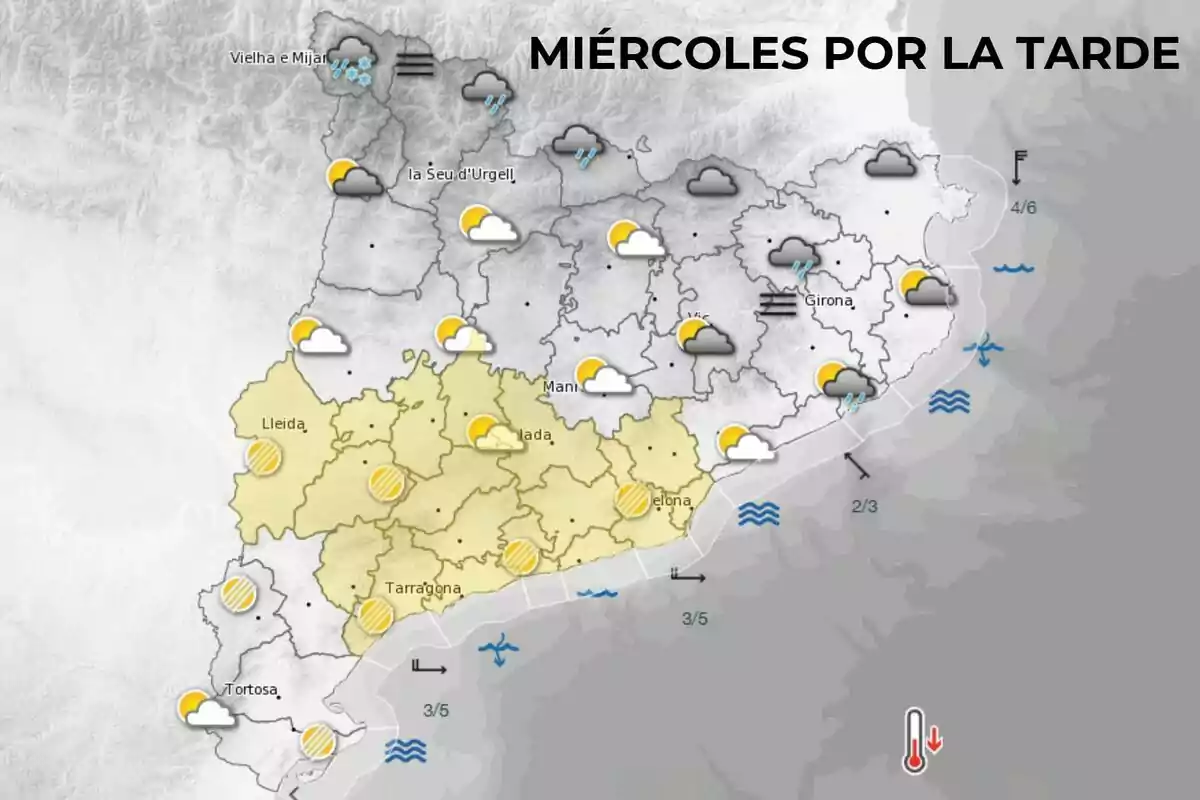 Mapa del tiempo para el miércoles por la tarde en Cataluña mostrando nubes y claros en varias regiones con algunas áreas de lluvia y viento en la costa. Mapa del tiempo para el miércoles por la tarde en Cataluña mostrando nubes y claros en varias regiones con algunas áreas de lluvia y viento en la costa.