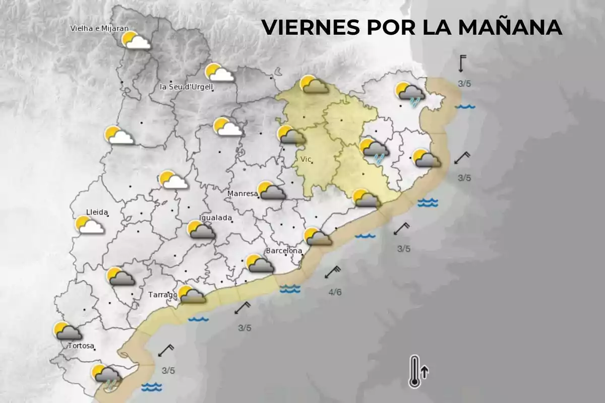 Mapa del tiempo para el viernes por la mañana en Cataluña, mostrando nubes y claros en varias localidades como Vielha e Mijaran, La Seu d'Urgell, Lleida, Igualada, Manresa, Vic, Barcelona, Tarragona y Tortosa, con algunas áreas de lluvia ligera y símbolos de temperatura y viento en la costa. Mapa del tiempo para el viernes por la mañana en Cataluña, mostrando nubes y claros en varias localidades como Vielha e Mijaran, La Seu d'Urgell, Lleida, Igualada, Manresa, Vic, Barcelona, Tarragona y Tortosa, con algunas áreas de lluvia ligera y símbolos de temperatura y viento en la costa.