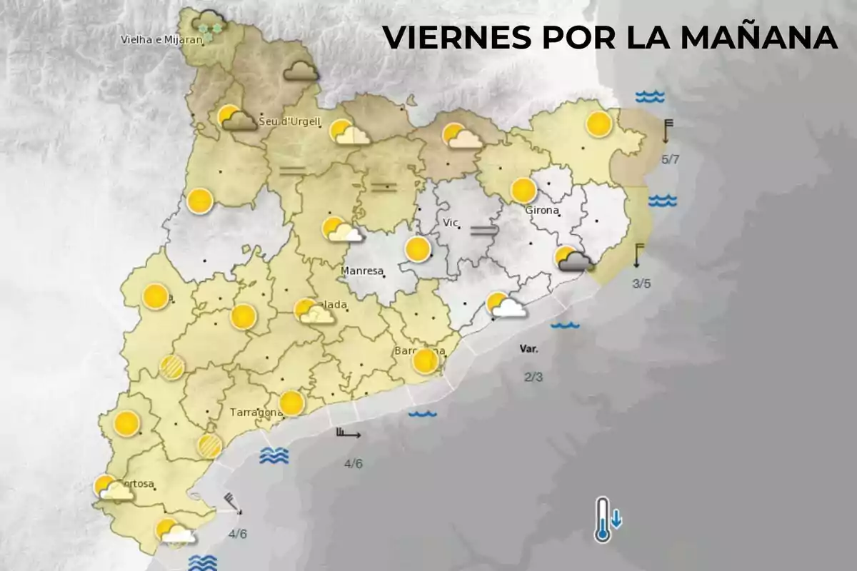 Mapa del tiempo para el viernes por la mañana en Cataluña mostrando sol y nubes en varias regiones con símbolos de viento y temperatura en la costa. Mapa del tiempo para el viernes por la mañana en Cataluña mostrando sol y nubes en varias regiones con símbolos de viento y temperatura en la costa.