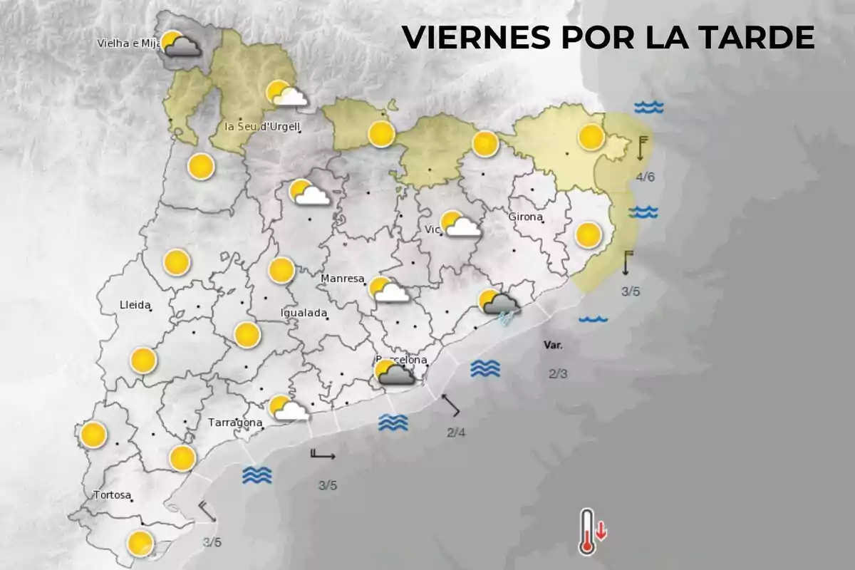 Mapa del tiempo para el viernes por la tarde en Cataluña mostrando sol y nubes en varias regiones con algunas áreas de lluvia ligera cerca de Barcelona y la costa. Mapa del tiempo para el viernes por la tarde en Cataluña mostrando sol y nubes en varias regiones con algunas áreas de lluvia ligera cerca de Barcelona y la costa.