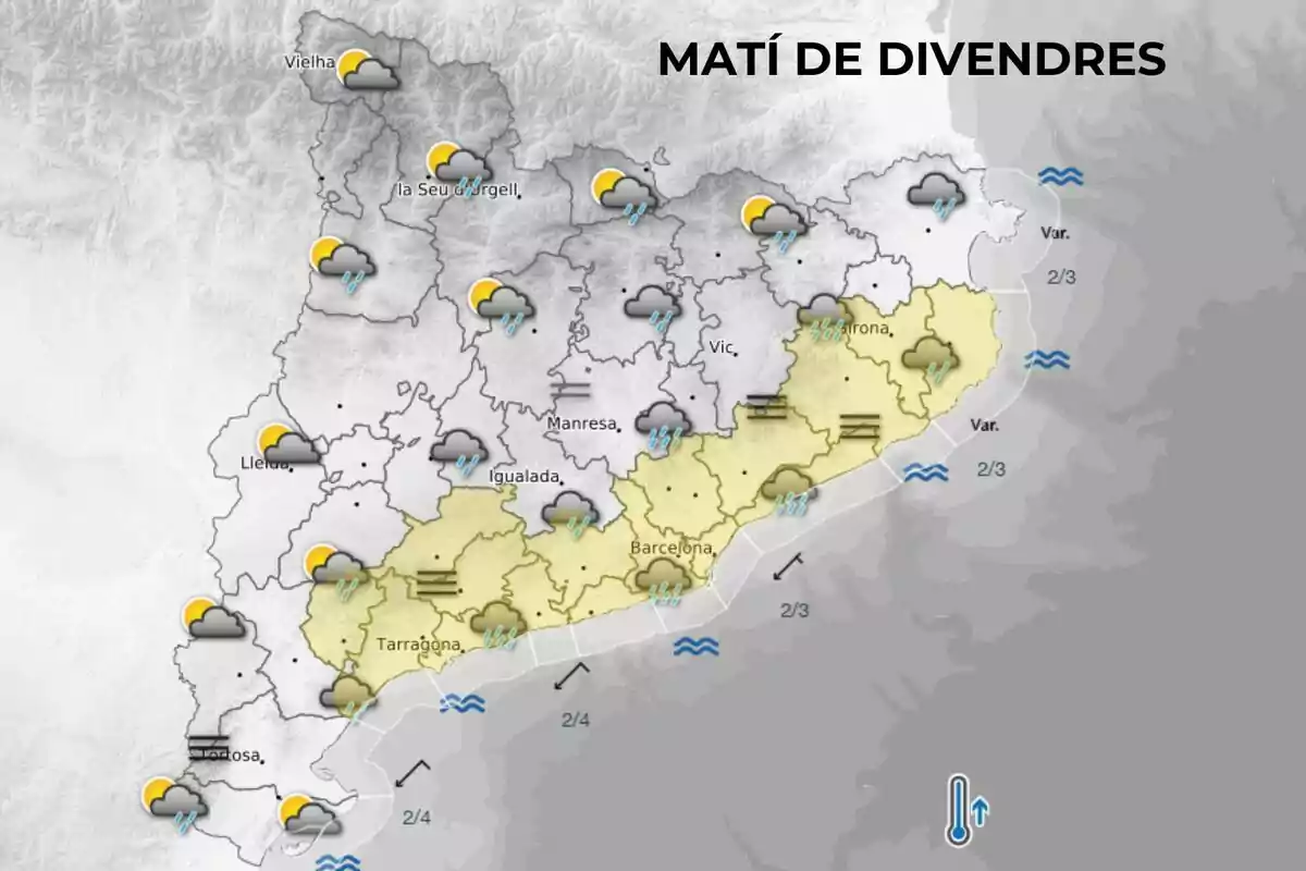 Mapa meteorològic de Catalunya per al matí de divendres mostrant núvols, pluges i algunes àrees amb sol parcial, amb advertències de clima a la costa i temperatures indicades. Mapa meteorològic de Catalunya per al matí de divendres mostrant núvols, pluges i algunes àrees amb sol parcial, amb advertències de clima a la costa i temperatures indicades.