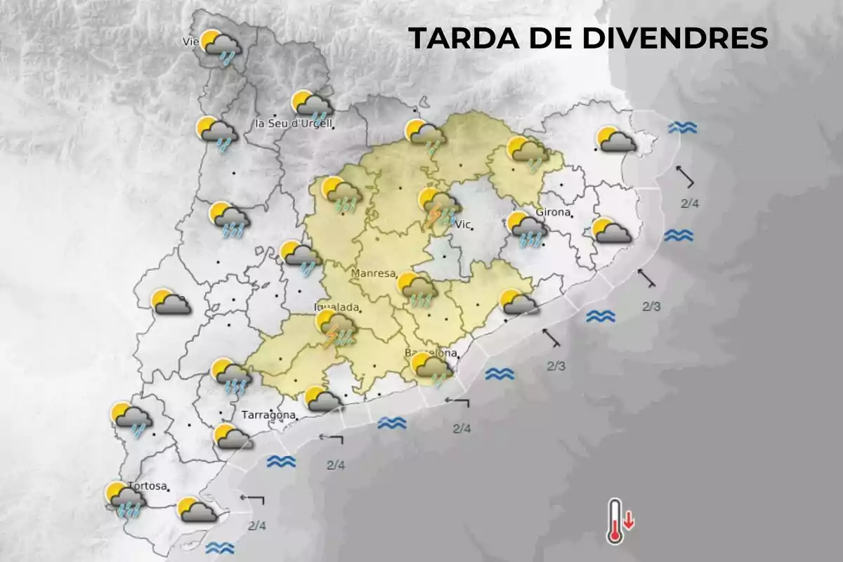Mapa meteorològic de Catalunya mostrant previsió de pluges i tempestes per a la tarda de divendres amb símbols de núvols i sol en diferents regions. Mapa meteorològic de Catalunya mostrant previsió de pluges i tempestes per a la tarda de divendres amb símbols de núvols i sol en diferents regions.
