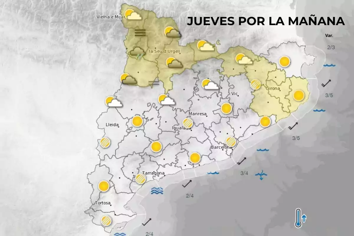 Mapa del pronóstico del tiempo para el jueves por la mañana en Cataluña, mostrando diferentes condiciones meteorológicas en varias regiones, con predominio de nubes y claros. Mapa del pronóstico del tiempo para el jueves por la mañana en Cataluña, mostrando diferentes condiciones meteorológicas en varias regiones, con predominio de nubes y claros.