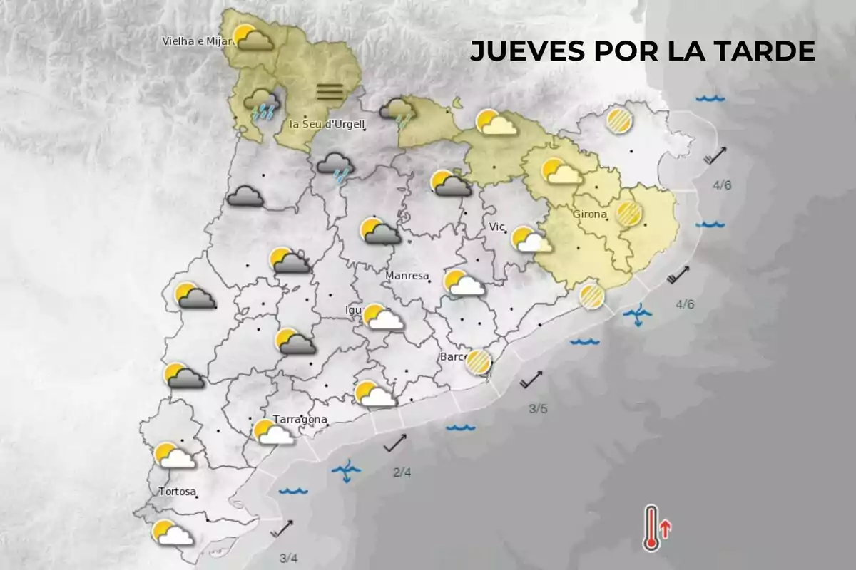 Mapa del tiempo para la tarde del jueves en Cataluña, mostrando nubes y claros en la mayoría de las regiones, con algunas áreas de lluvia en el norte y temperaturas moderadas. Mapa del tiempo para la tarde del jueves en Cataluña, mostrando nubes y claros en la mayoría de las regiones, con algunas áreas de lluvia en el norte y temperaturas moderadas.