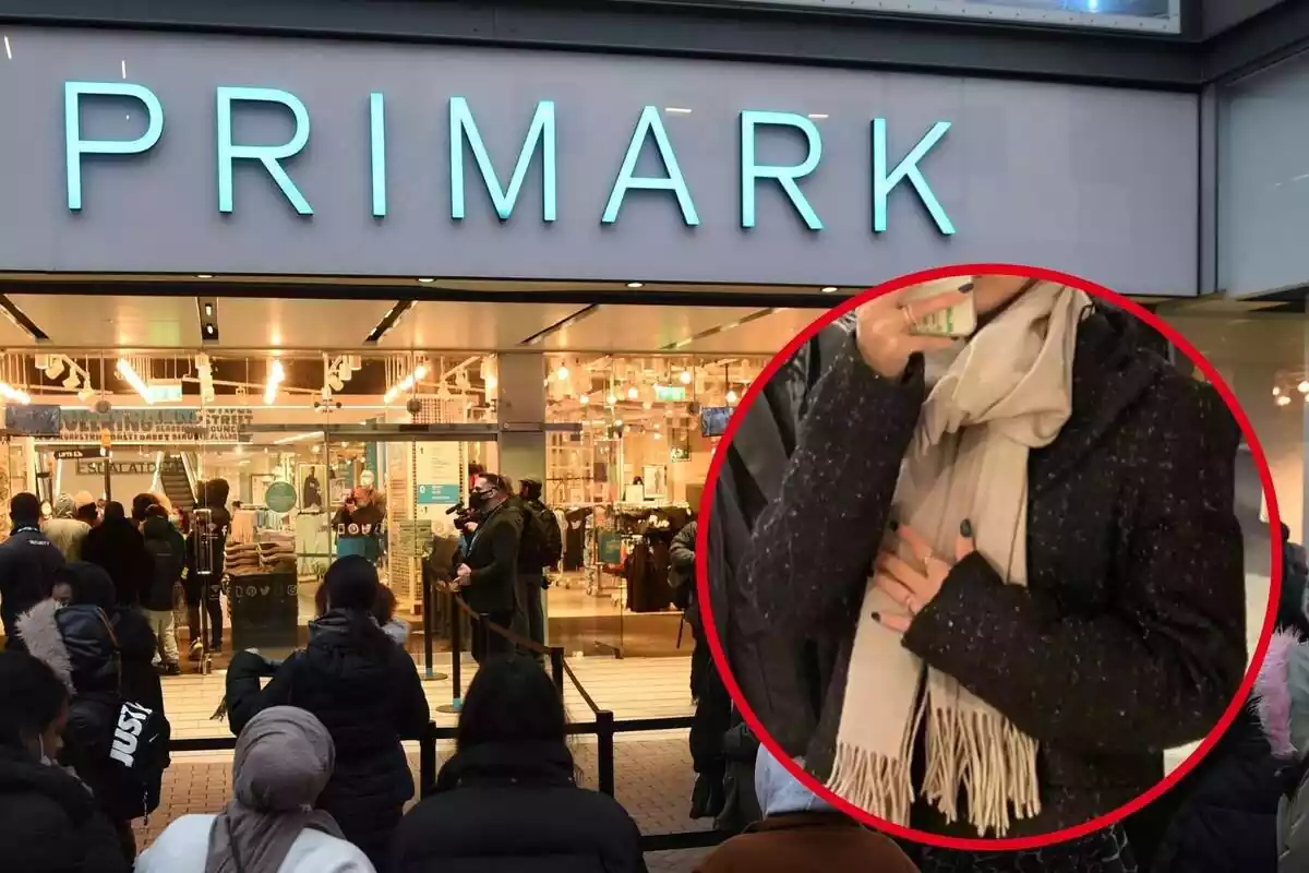 Imatge de fons d´una botiga Primark i una altra d´una persona posant amb un abric de la marca