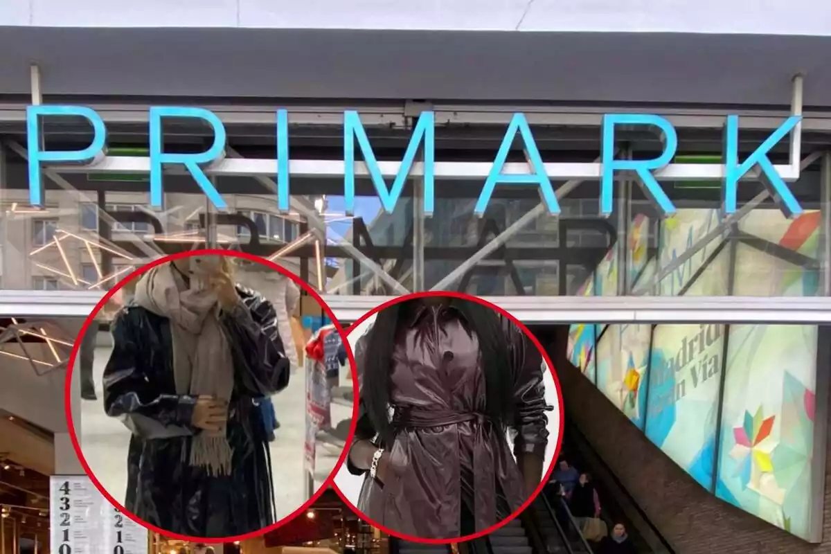 Imatge de fons d'una botiga Primark per fora i una altra de dues persones posant dos abrics de la marca