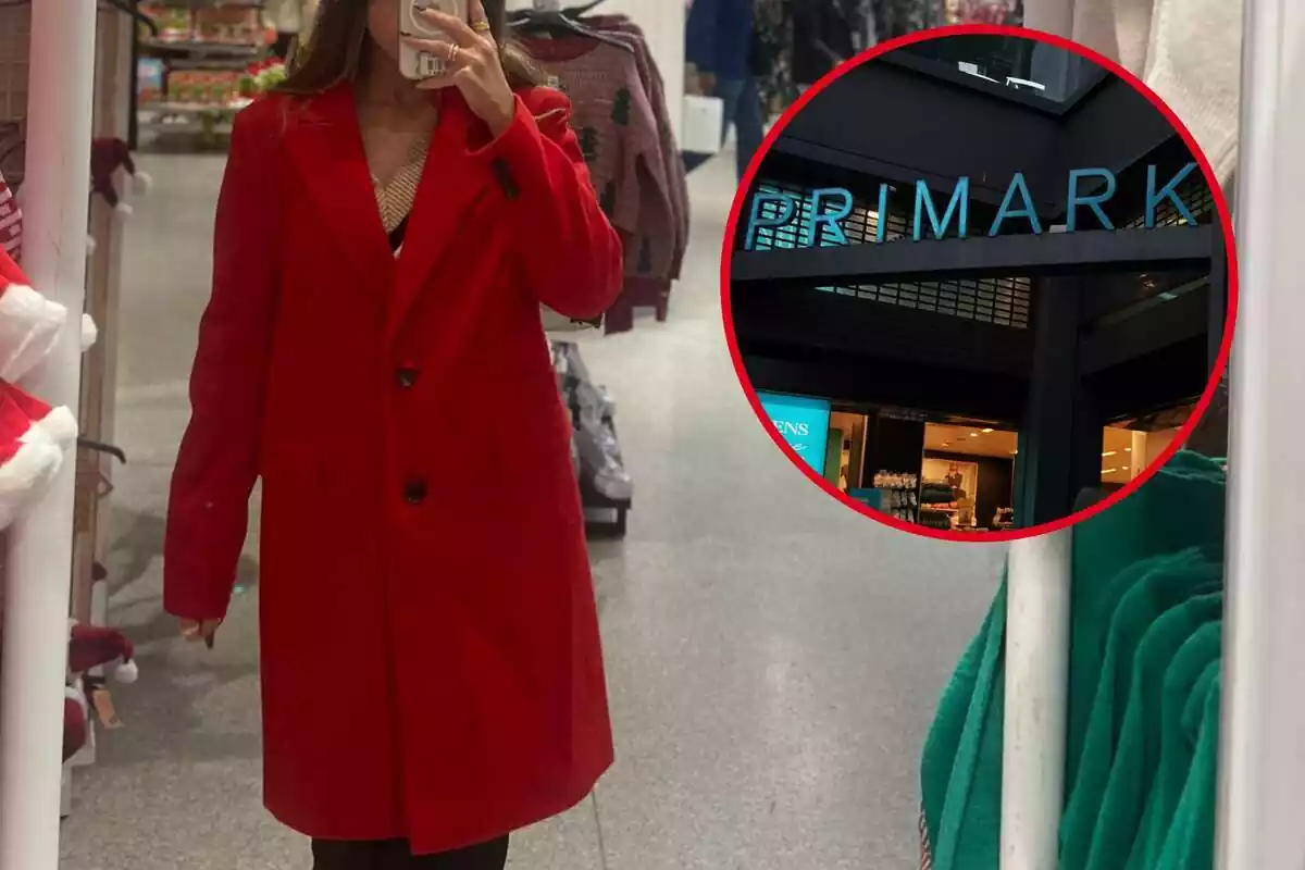 Muntatge amb una imatge de fons d'una persona posant amb un abric vermell a una botiga Primark i una altra d'un logo de Primark