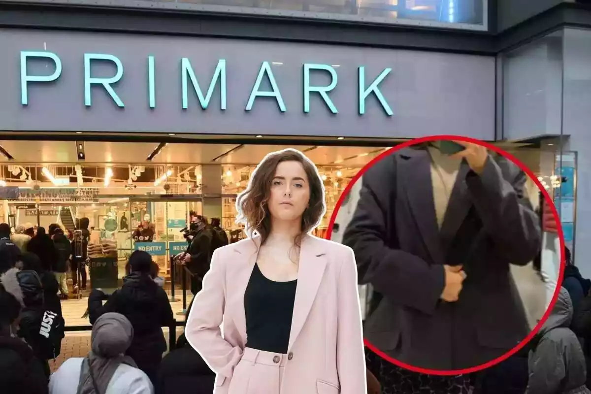 Imatge de fons d'una botiga Primark i dues imatges més en primer pla de dues persones posant amb una americana de la marca, en color rosa i en color gris