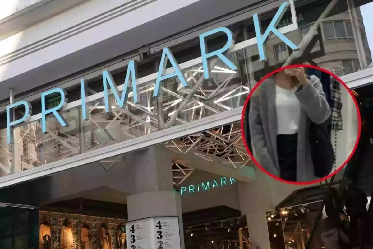 Imatge de fons d'una botiga Primark a la vostra entrada i una altra imatge d'una persona posant amb un càrdigan llarg i gris de la marca