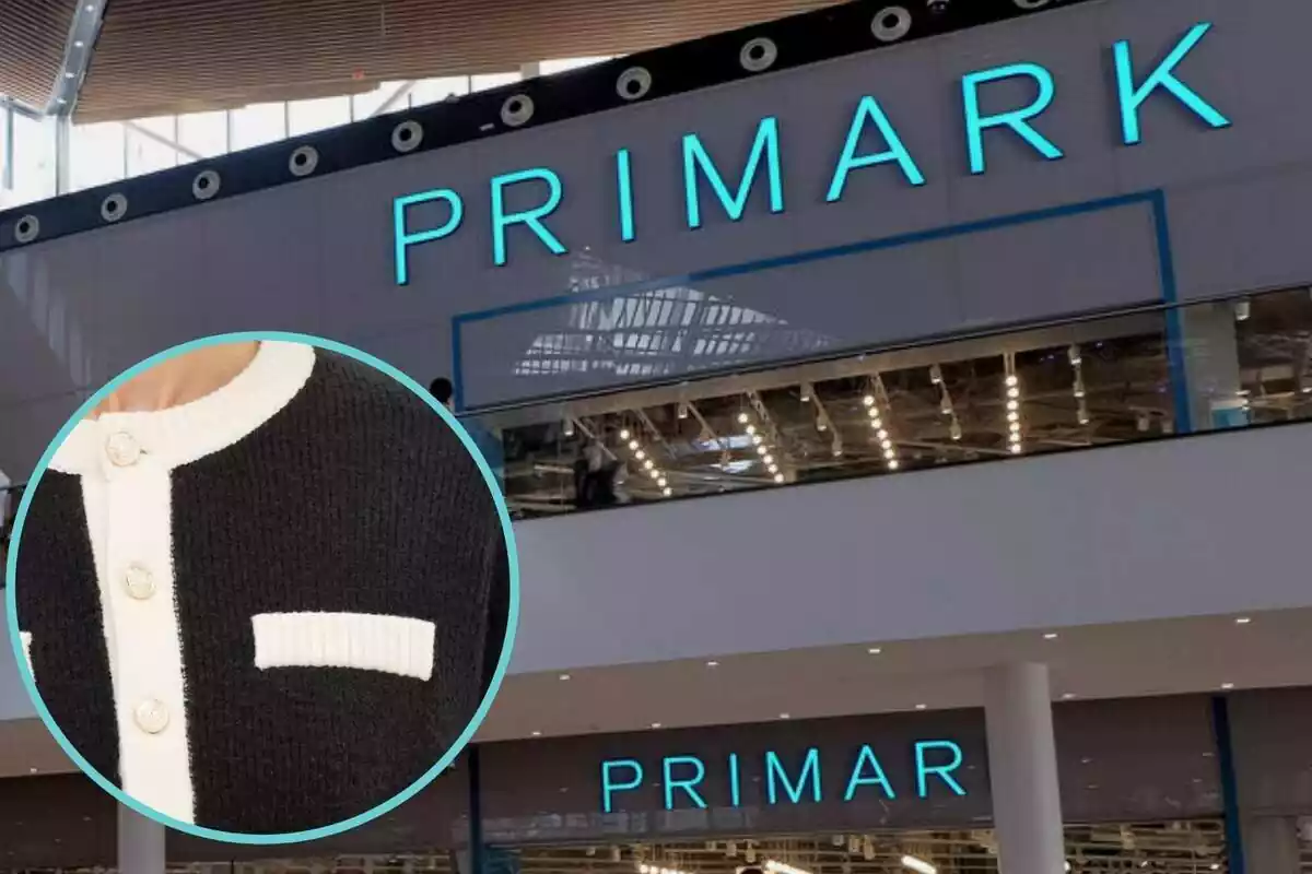 Muntatge amb una imatge de fons d'una botiga amb el logotip de Primark i una altra imatge que mostra un tros d'una jaqueta blanca i negra de Primark