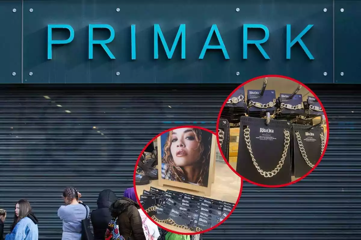 Imatge de fons d'una botiga Primark i dues més d'algunes peces de la col·lecció de joies RIta Ora per Primark