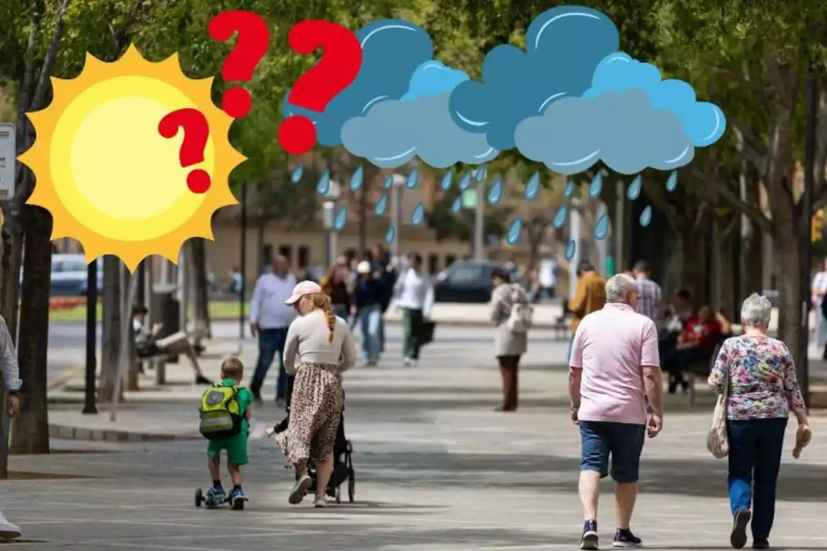 Imagen de fondo de varias personas paseando con sol por Palma de Mallorca junto y unos emoticonos de un sol con nubes y lluvia y unos interrogantes