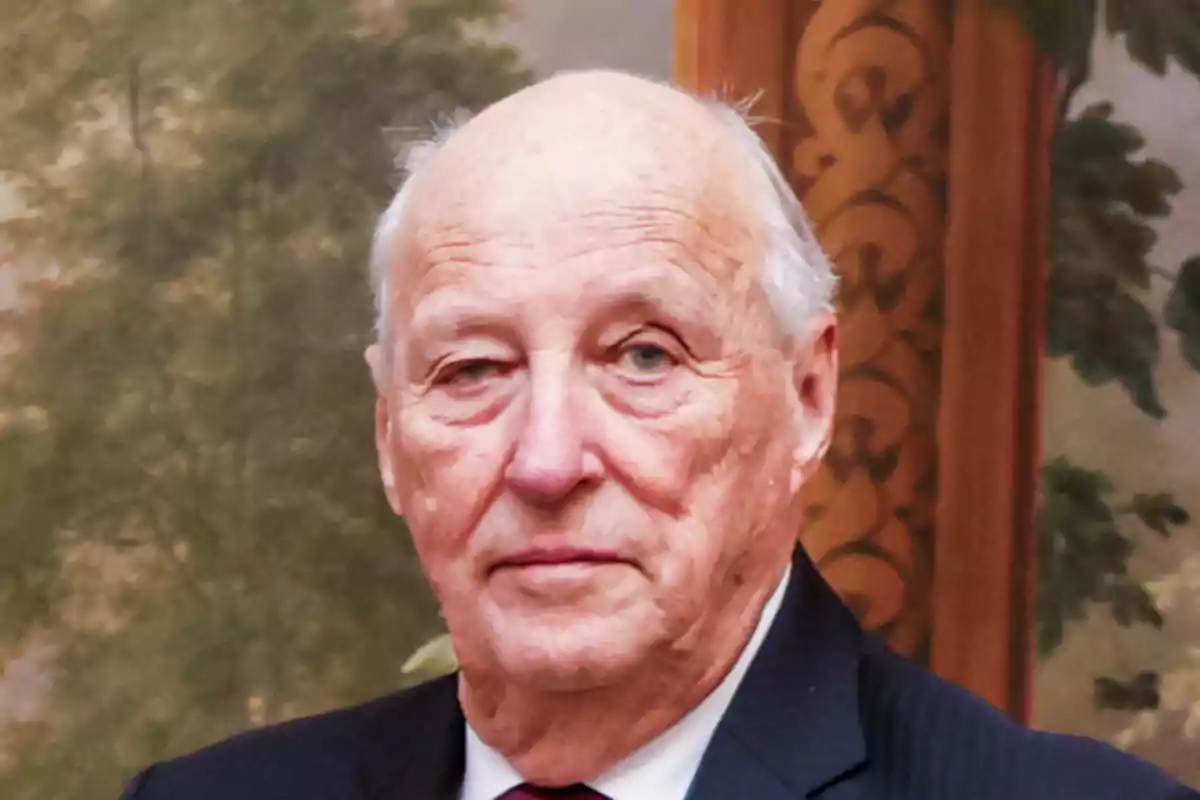 King Harald of Norway in a dark suit and red tie against a decorative background. King Harald of Norway in a dark suit and red tie against a decorative background.