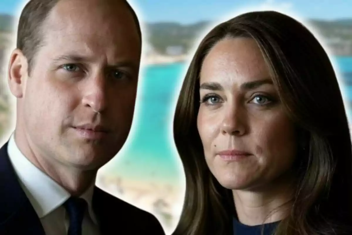 Close-up photo montage of Prince William and Kate Middleton with serious faces, with an image of an Ibiza beach in the background.