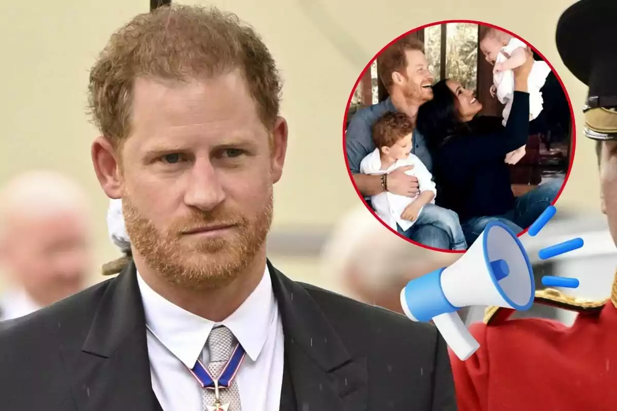 El príncipe Harry con barba pelirroja lleva un traje formal y una medalla mientras en un círculo se muestra una imagen de su familia sonriente con dos niños pequeños y un megáfono azul y blanco se superpone en la esquina inferior derecha.