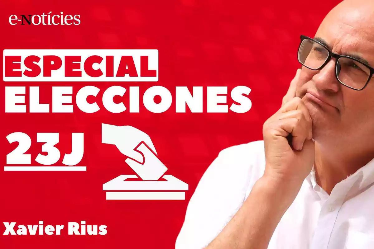 Imatge de promoció del directe per seguir les eleccions generals al canal de YouTube de Xavier Rius, amb una imatge del director d'E-Notícies pensatiu, unes lletres blanques amb la frase 'especial eleccions 23J' i un fons vermell