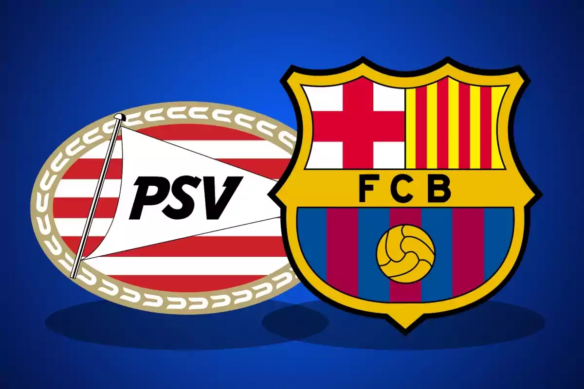 Logos dels equips de futbol PSV i FC Barcelona sobre un fons blau.