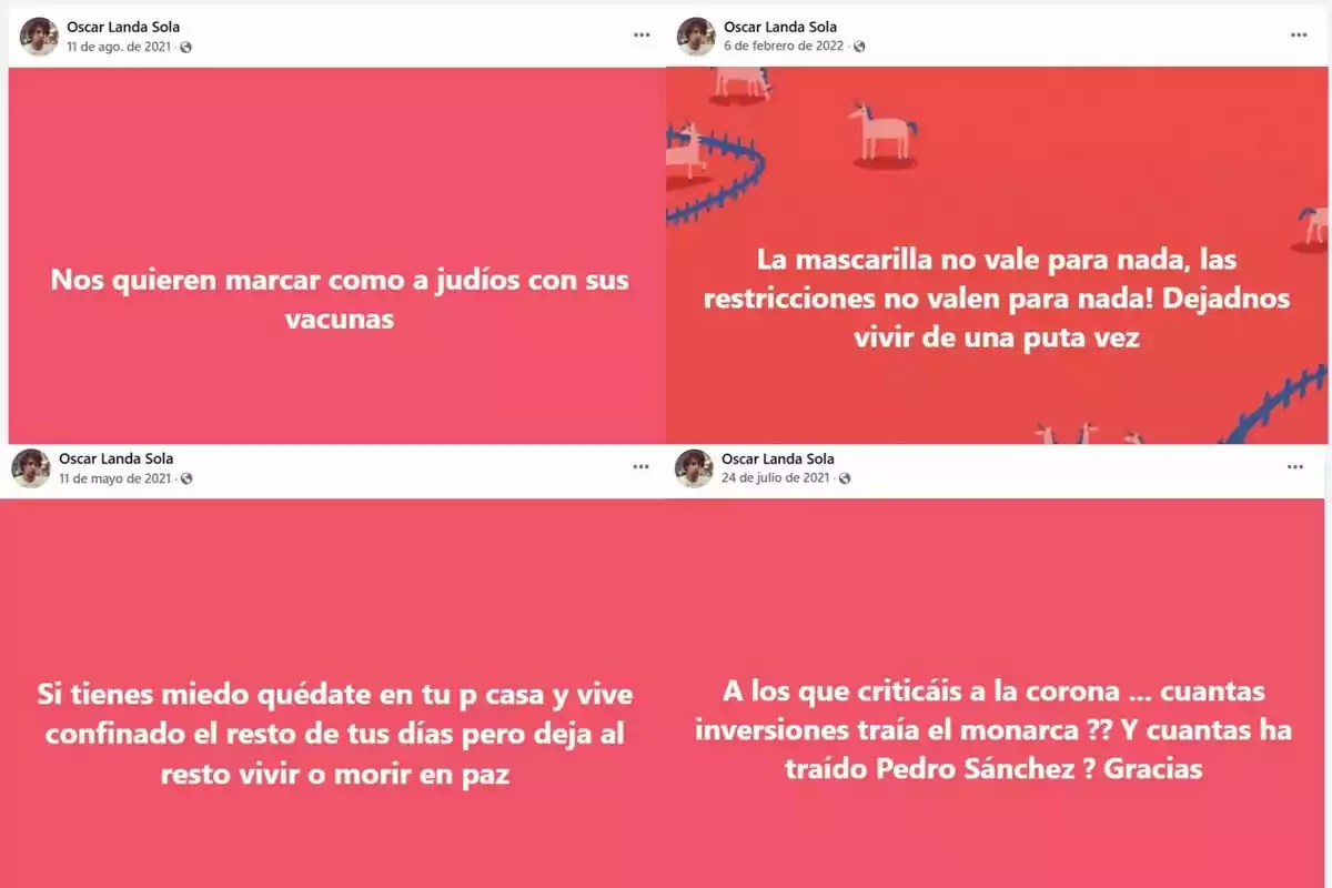 Quatre publicacions de Facebook amb fons vermell i text en blanc on Óscar Landa expressa opinions crítiques sobre les vacunes, les màscares, les restriccions i la monarquia.