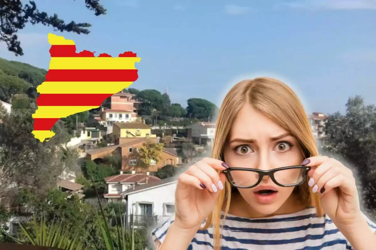 Una dona amb expressió de sorpresa sosté les ulleres davant d'un paisatge urbà amb arbres i cases, mentre al cel es veu un mapa de Catalunya amb els colors de la bandera catalana.