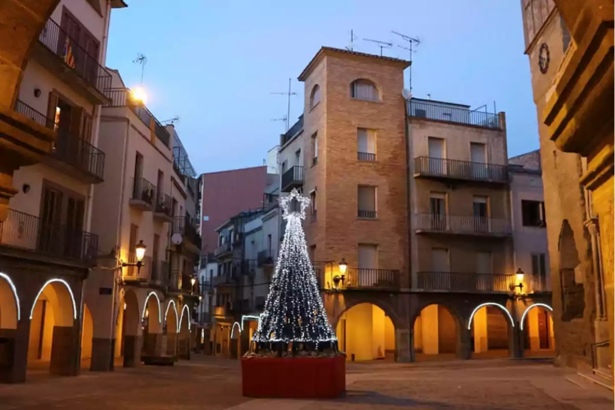 Plaça amb edificis antics i un arbre de Nadal il·luminat al centre.