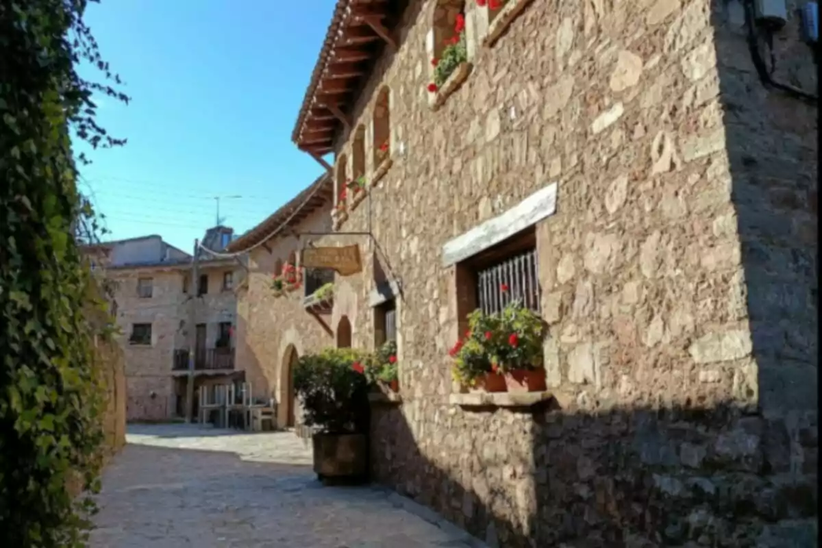 Carreró empedrat amb cases de pedra i finestres adornades amb flors vermelles.