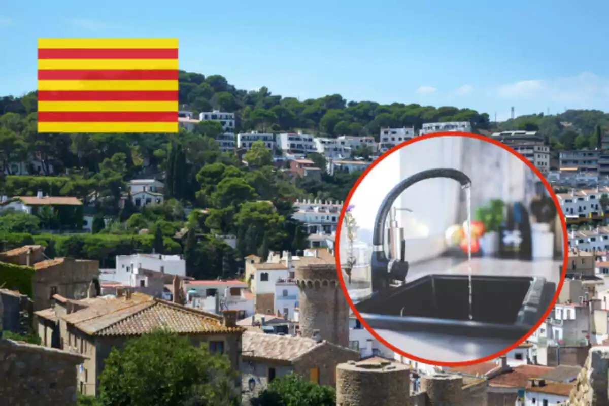 Fotomuntatge amb fons d'un poble català, la bandera de Catalunya i una imatge d'una aixeta oberta emmarcada