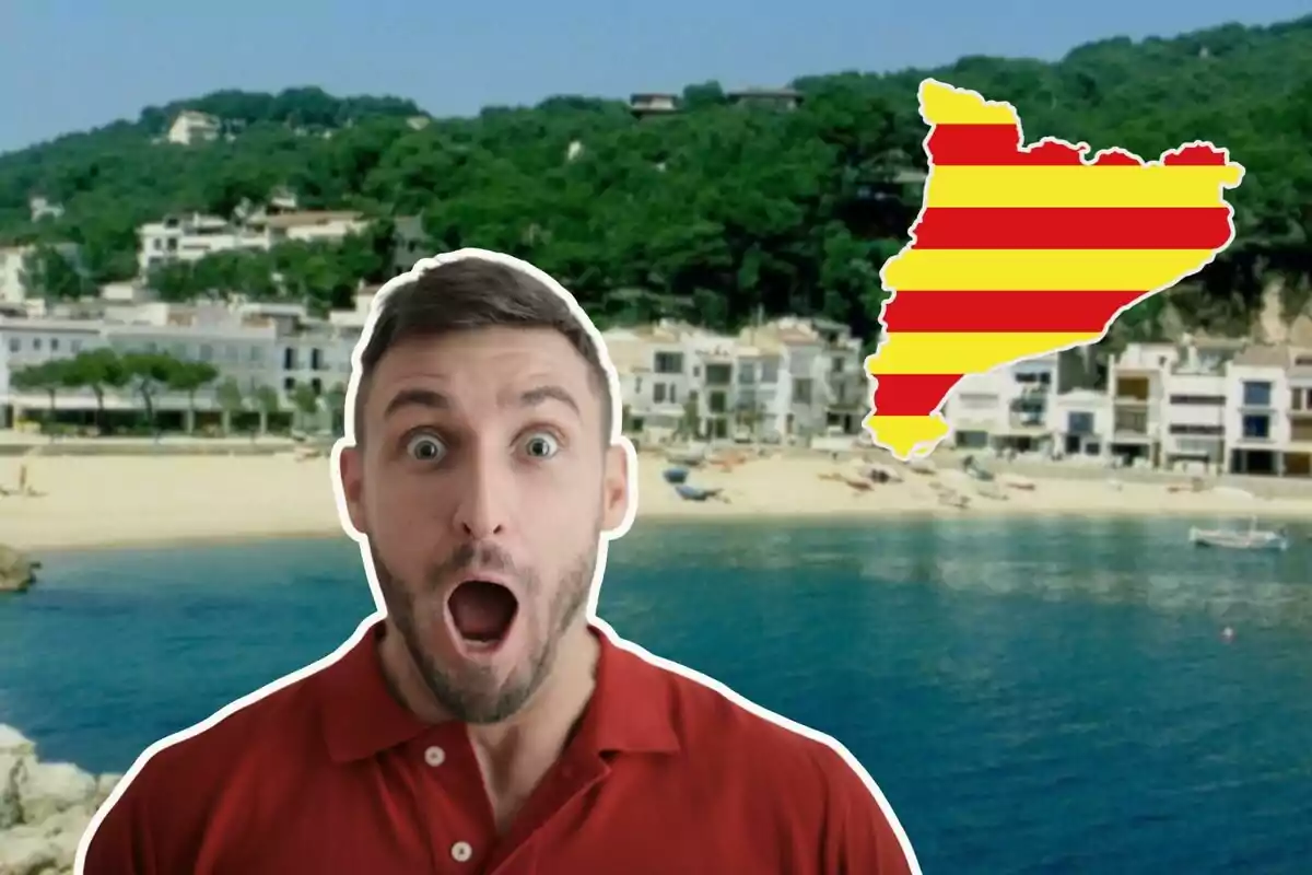 Home sorprès amb fons de platja i mapa de Catalunya amb bandera catalana.