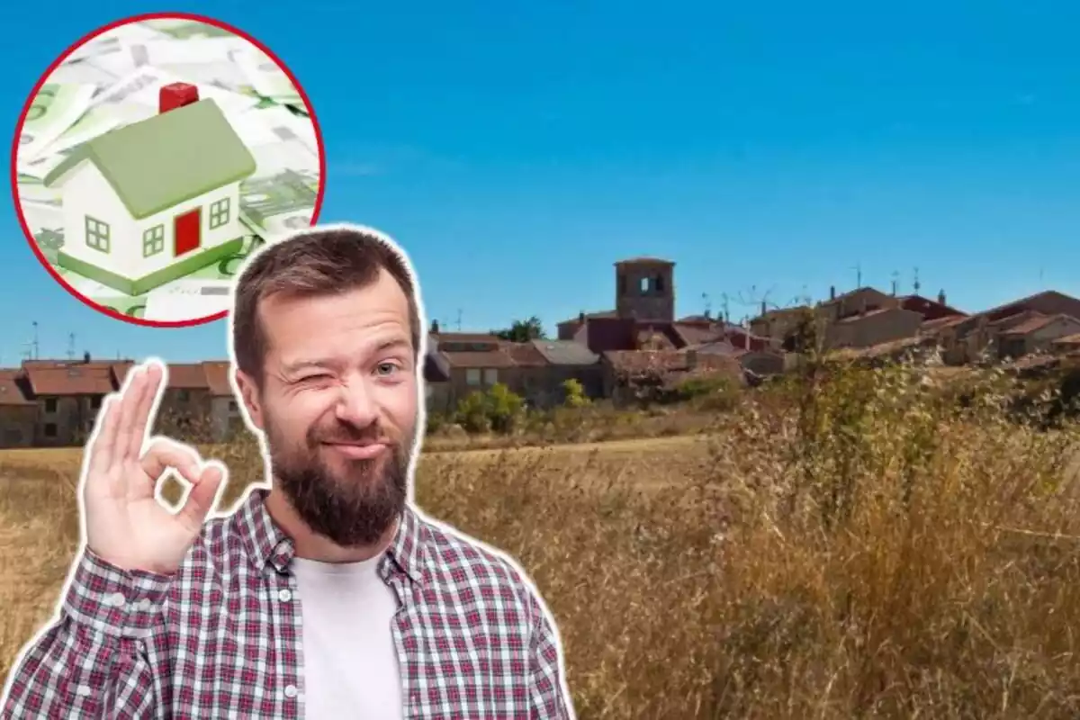 Imatge de fons del poble Quintanilla de las Viñas al costat d´una imatge en primer pla d´un home amb gest d´aprovació i una altra d´una maqueta d´una casa amb bitllets de 100 euros al voltant