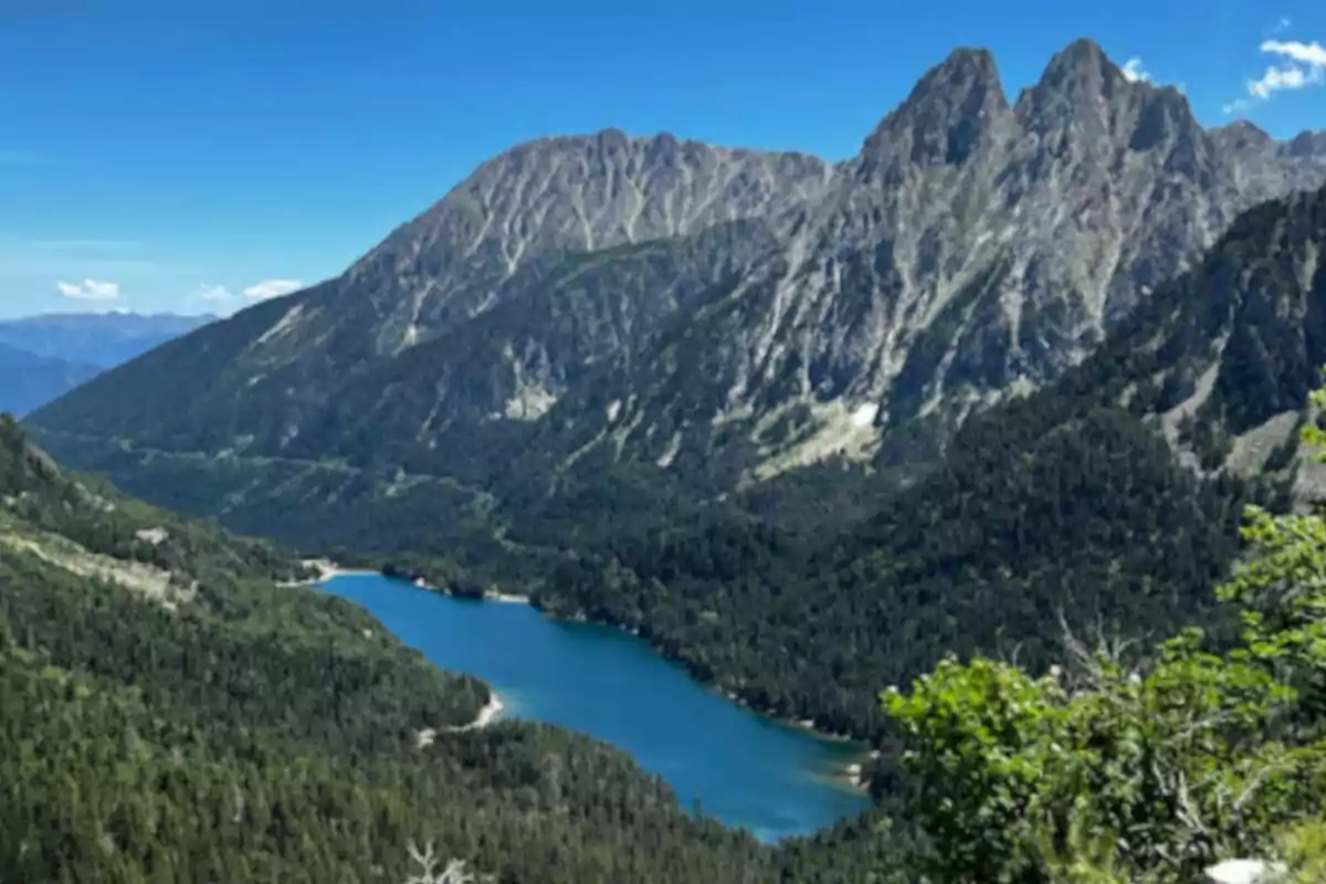 Vista panorámica de un lago rodeado de montañas y bosques bajo un cielo azul. Vista panorámica de un lago rodeado de montañas y bosques bajo un cielo azul.