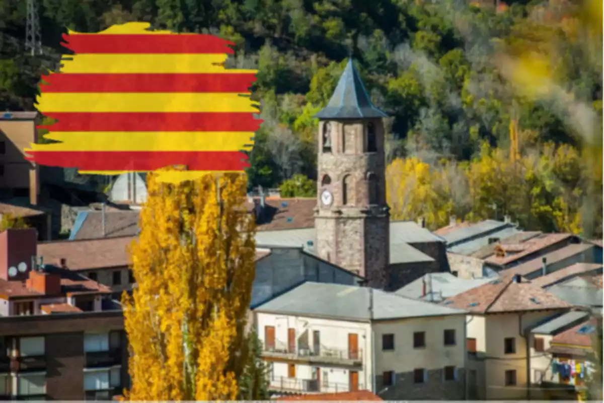 Fotomuntatge amb una imatge del poble Vilaller i una bandera catalana