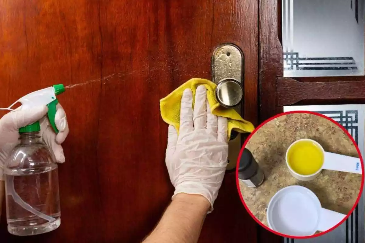 Imatge de fons d'una mà amb un guant netejant una porta de fusta i una altra imatge de diversos ingredients preparats a recipients per fer una barreja