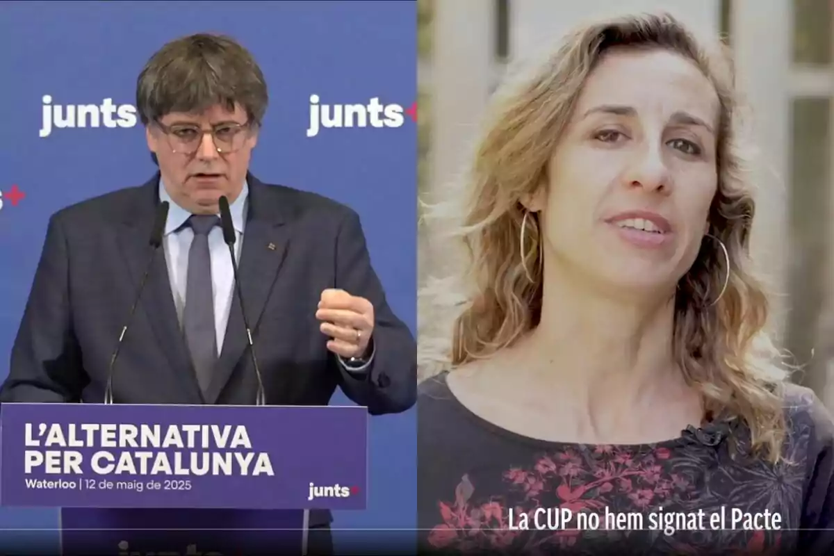 Dues persones en imatges separades, una en un podi amb fons blau i l'altra a l'aire lliure amb text en català.