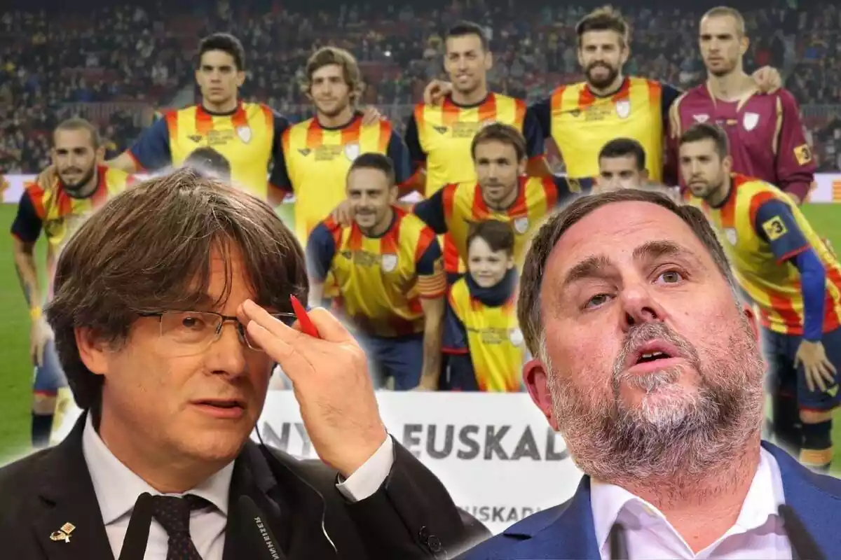 Muntatge amb una imatge de l'onze inicial de la selecció catalana de futbol i un pla curt de Carles Puigdemont i Oriol Junqueras